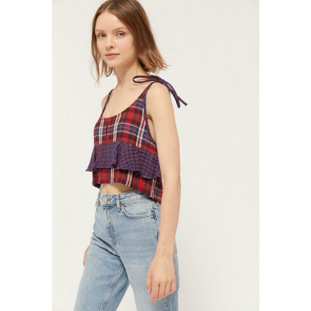Urban Outfitters Jo Plaid Tie-Shoulder Cropped Top